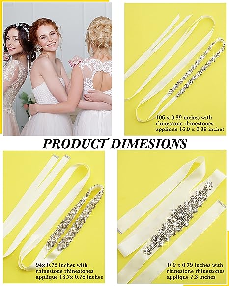 Photo 1 of 3 Pieces Rhinestone Bridal Wedding Sash Belts Handmade Crystal Bridesmaid Sash for Formal Evening Dress Belts