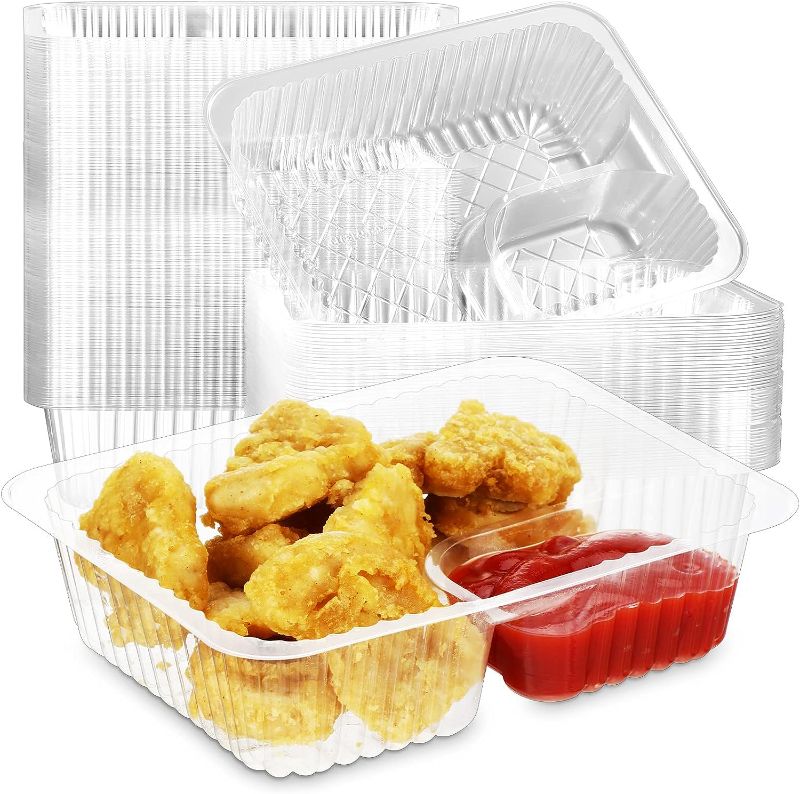 Photo 1 of  200 Pcs Nacho Trays 6 x 5 Inch Movie Night Supplies Concession Stand Supplies 2 Compartments Plastic Disposable Trays for Movie Theater Party Snacks Foods Container (Clear)