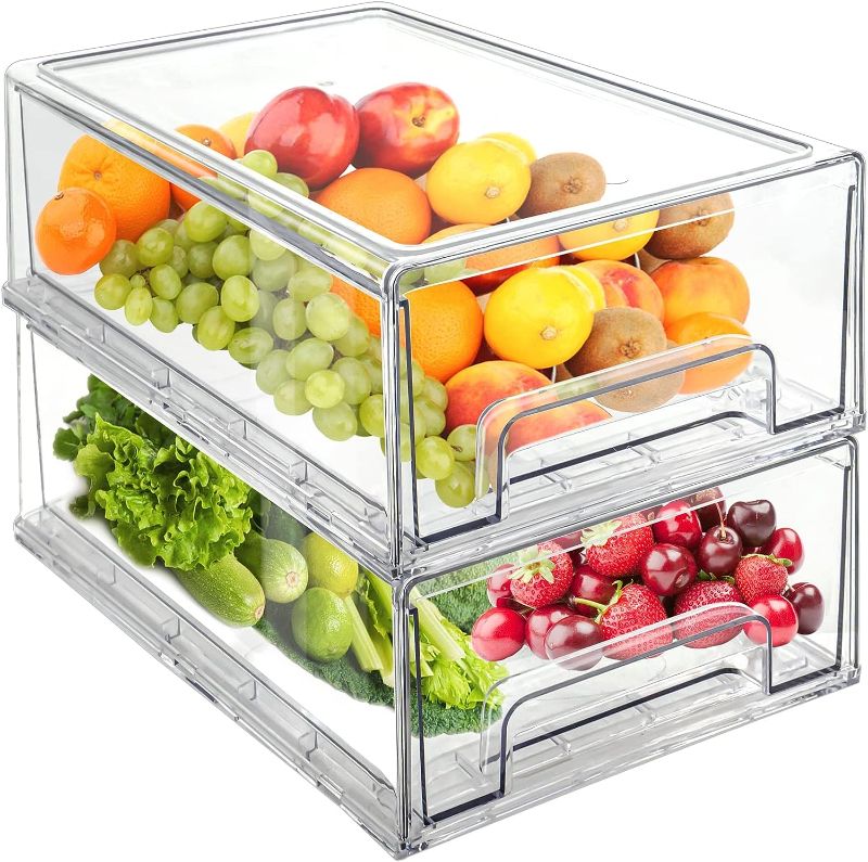 Photo 1 of  2Pack Clear Fridge Drawers Pull Out Stackable Refrigerator Drawer Organizer Bins Pantry Storage Box Plastic Food Containers for Kitchen Bathroom Office Closet (2pack-Large)