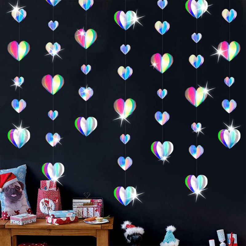 Photo 1 of 24Pcs 3D Iridescent Heart Garlands Holographic Birthday Party Streamers Anniversary Home Ceiling Décor Engagement Wedding Baby Shower Graduation Classroom Party Supplies
