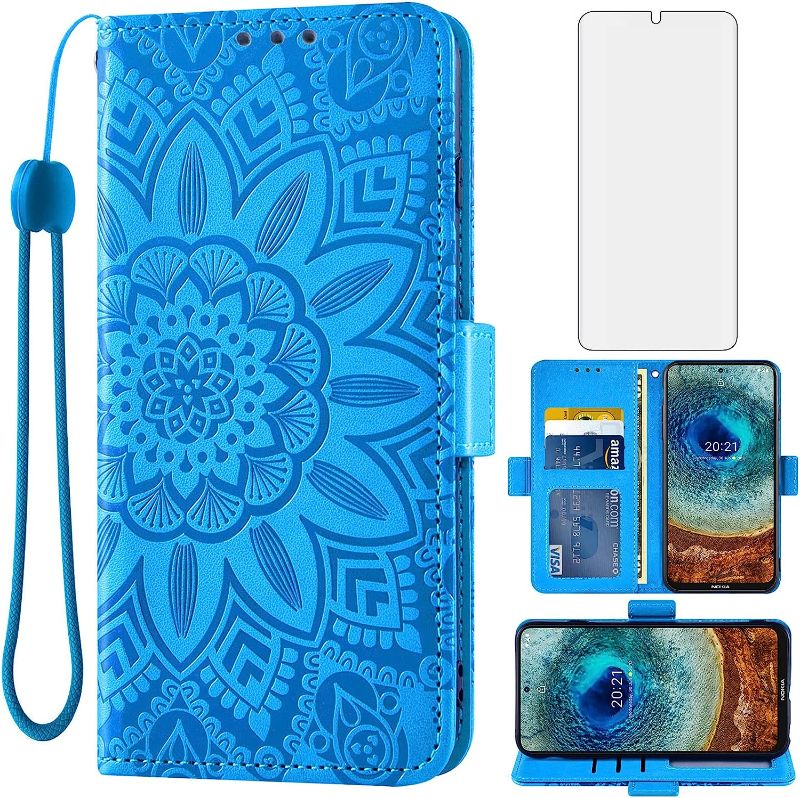 Photo 1 of Asuwish Phone Case for Nokia X10/X20 with Tempered Glass Screen Protector and Flower Leather Wallet Flip Cover Credit Card Holder Stand Cell Accessories NokiaX10 10X NokiaX20 5G Boys Women Men Blue
