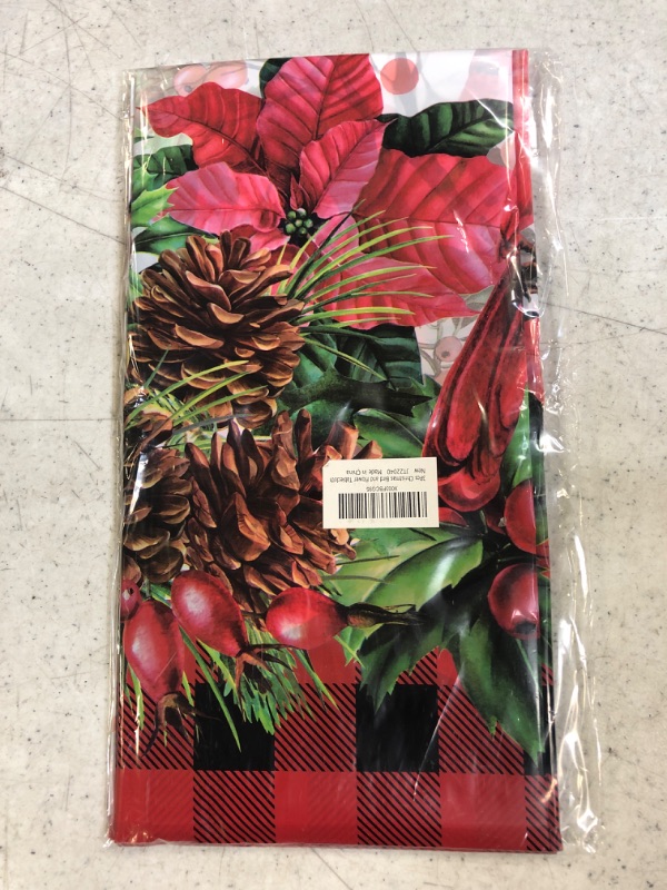 Photo 2 of 3Pcs Christmas Cardinal Poinsettia Party Tablecloths, Plastic Red Black Buffalo Plaid Cardinal Birds Poinsettia Table Cover Backdrop for Merry Christmas Winter Holiday Party Decorations, 54 x 108 Inch Christmas Cardinal Poinsettia Tablecloth 3 Pcs