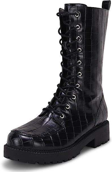 Photo 1 of Coutgo Womens Mid Calf Lace Up Boots Lug Sole Closed Toe Side Zipper Military Winter Combat Boot SIZE 9
