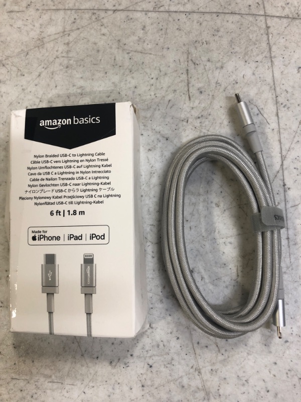 Photo 2 of Amazon Basics USB-C to Lightning Charger Cable, Nylon Braided Cord, MFi Certified Charger for Apple iPhone 14 13 12 11 X Xs Pro, Pro Max, Plus, iPad, 6 Foot, Silver Silver 6 ft