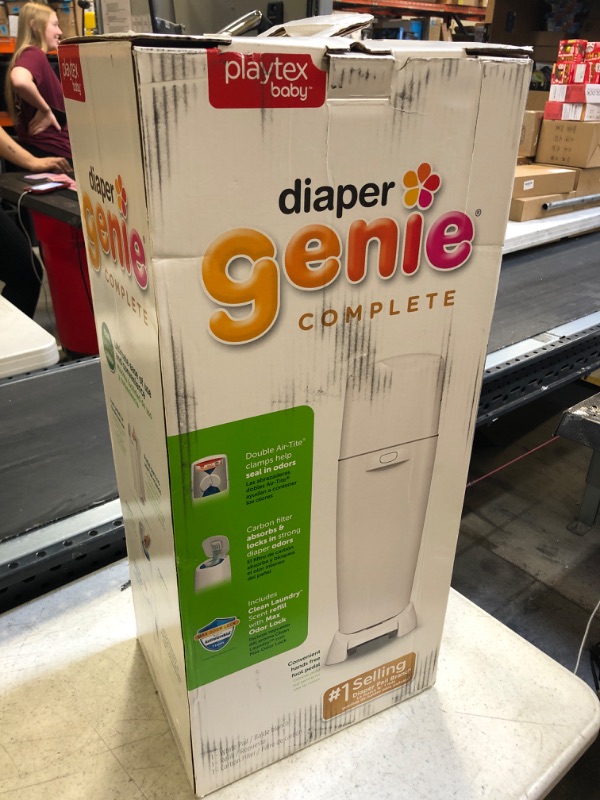 Photo 3 of Diaper Genie Complete Diaper Pail (White) with Antimicrobial Odor Control | Includes 1 Diaper Trash Can, 1 Refill Bags, 1 Carbon Filter
