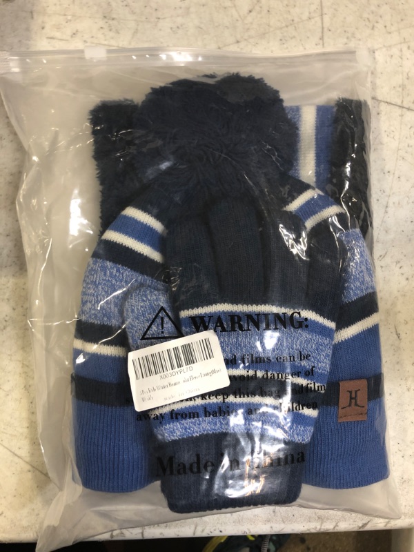 Photo 2 of 3 Pcs Kids Winter Beanie Hat Gloves Scarf Set For Toddler, Boys, Girls, With Polar Fleece Lining Blue (for Kids Aged 3-6) One Size