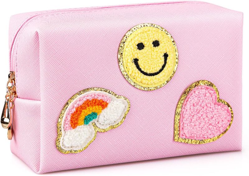 Photo 1 of AgoKud Preppy Patch Makeup Bag PU Leather Waterproof Portable Toiletry Pouch Cosmetic Bag Daily Use Storage, Makeup Organizer Travel Essentials for Women Teen Girls Gift
