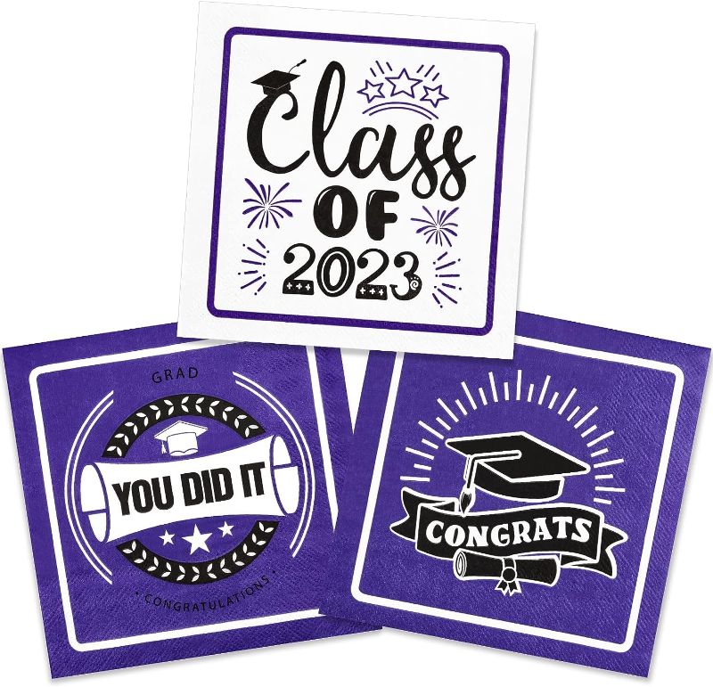 Photo 1 of 50PCS Graduation Napkins 2023 Purple, Congrats Grad Decorations Class of 2023 Party Cocktail Luncheon Beverage Napkins 3 Ply Guest Disposable Towels Dinner Paper Hand Napkins Party Supplies


