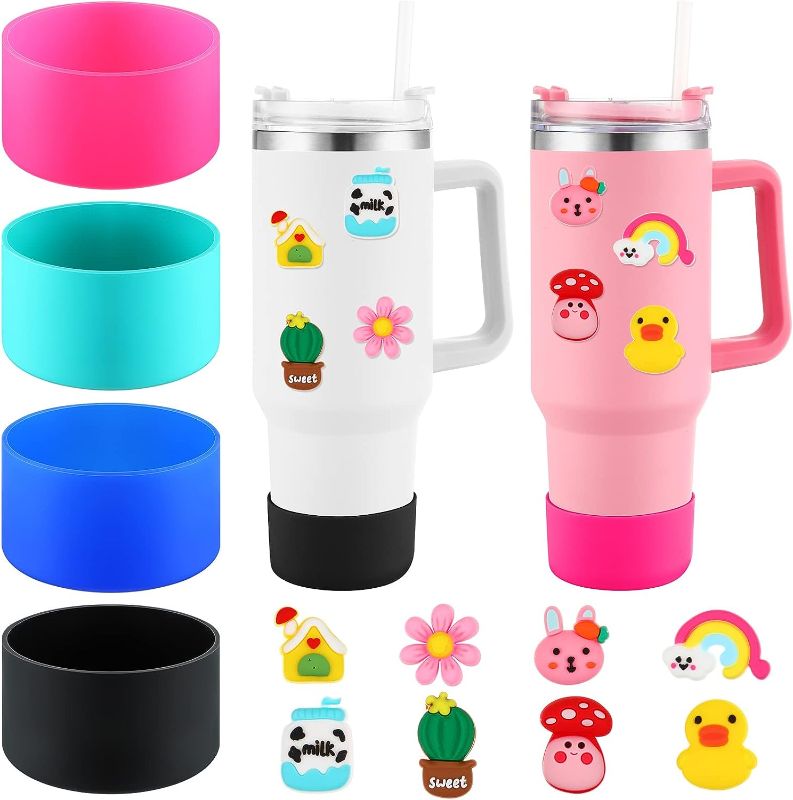 Photo 1 of Yaomiao 4 Pcs Silicone Bottom Sleeve Cover 40 Oz Tumbler Water Bottle Protector Anti Slip Protective Water Bottle Boot Silicone Boot Bumper with 8 3D Stereo Stickers Replacement Accessories
