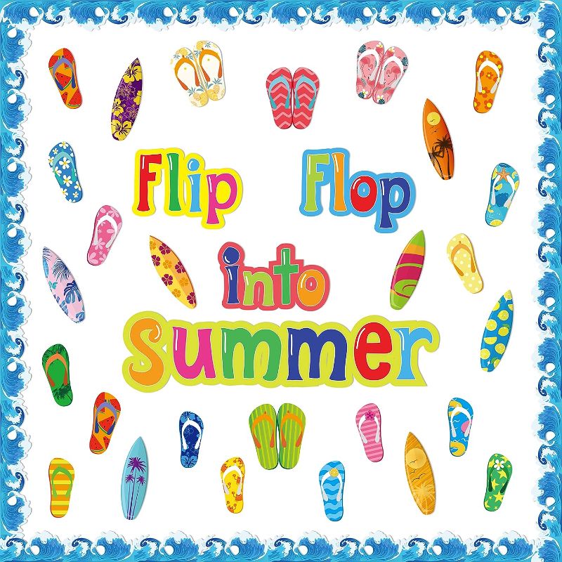 Photo 1 of 72 Pcs Flip Flop Surfboards Accents Cutouts?Summer Bulletin Board Wall Decor Tropical Hawaiian Beach Pool Party DIY Cutouts with Glue Point Dots for School Classroom Surf Party Decoration Supplies
