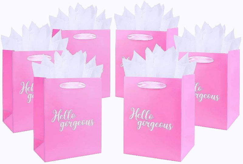 Photo 1 of  9" Hot Pink Gift Bag with Tissue Paper for Birthday, Wedding, Bridal Shower, Any Occasion - 6 Pack
