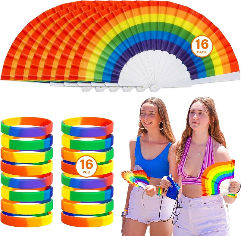 Photo 1 of EOBOH 16PCS Pride Bracelet 16 Pack Fans, Rainbow Pride Hand Fans LGBTQ Pride Bracelets Bulk, Gay Pride Bracelet Folding Fan Accessories, Rubber Wristband Fan Pride Month Stuff for Parade Party Favors
