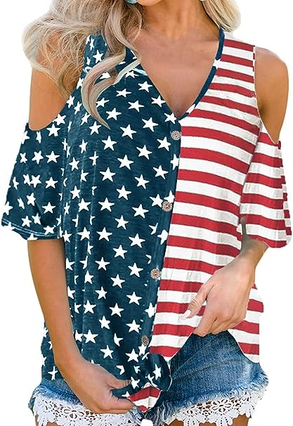 Photo 1 of ASTANFY USA Flag Shirt Women USA Stars Stripes Leopard V-Neck Tshirt American Flag Shirts Fourth July Patriotic Loose Fit Tee SIZE S 
