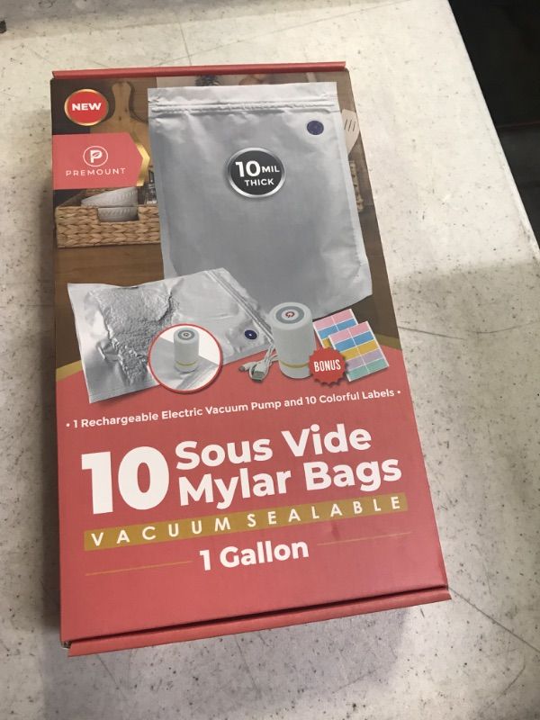 Photo 3 of PREMOUNT 10 Sous Vide Mylar Bags for Food Storage 10 Mil Thick - 10x Mylar Sous Vide Bags 1 Gallon 10" x 14" - Mylar Vacuum Seal Bags + 1 Electric Vacuum Pump + 10 Labels - Patent Pending