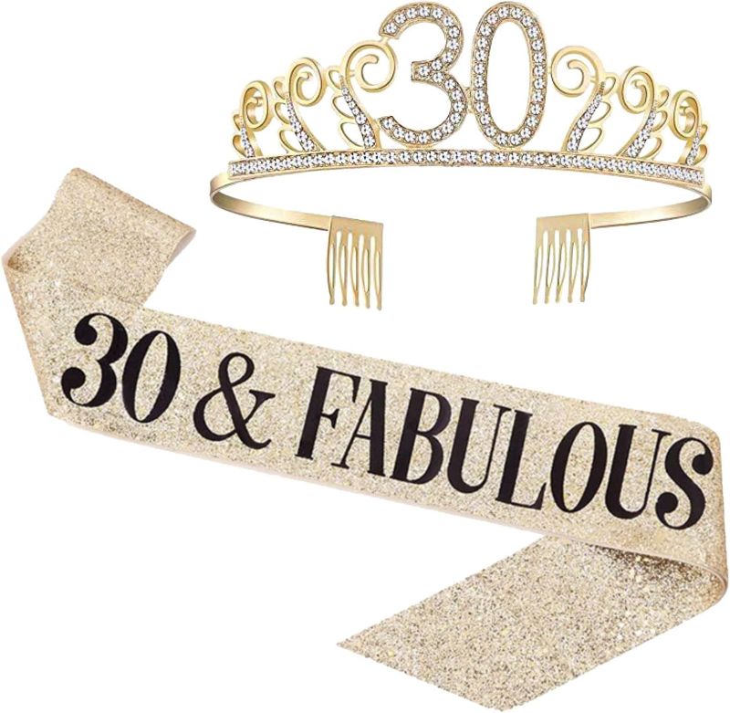 Photo 1 of  30th Birthday Gift for Women, 30th Birthday Tiara Crown, 30 & Fabulous Sash for Women 30 years old Birthday Party Decorations and Supplies, 2 pcs