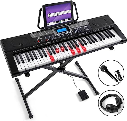 Photo 1 of MUSTAR 61 Key Piano Keyboard, Learning Keyboard Piano with Lighted Up Keys, Electric Piano Keyboard for Beginners, Piano Stand, Sustain Pedal, Headphones/Microphone, USB Midi, Built-in Speakers
