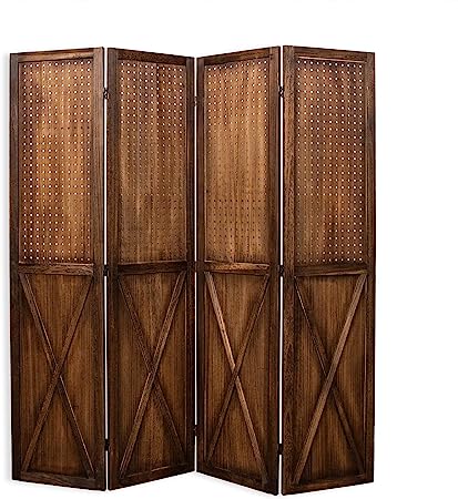 Photo 1 of ZYLiving Pegboard Display Room Divider, Folding Partition Room Divider Screens, Multifunction Privacy Screen for Craft Show, Jewelry, Retail, Cloth(4 Panels, Half Hole, Brown)