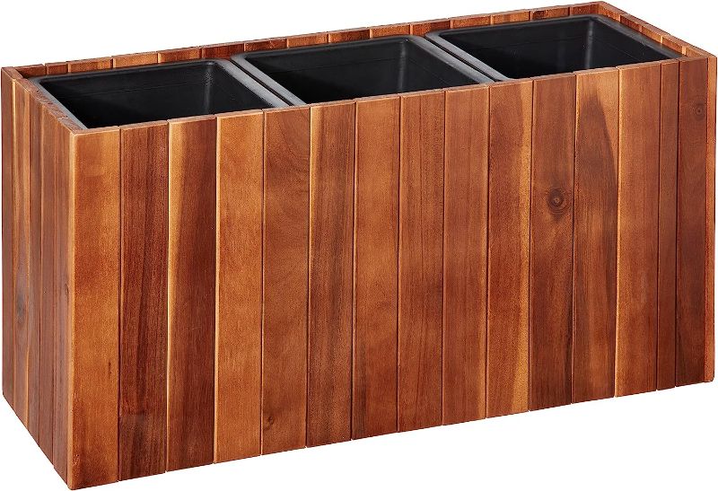 Photo 1 of Amazon Aware Acacia Wood 26-Inch Rectangular Planter Box with Three Inner Plastic Liners, Brown 26-Inch, Rectangle