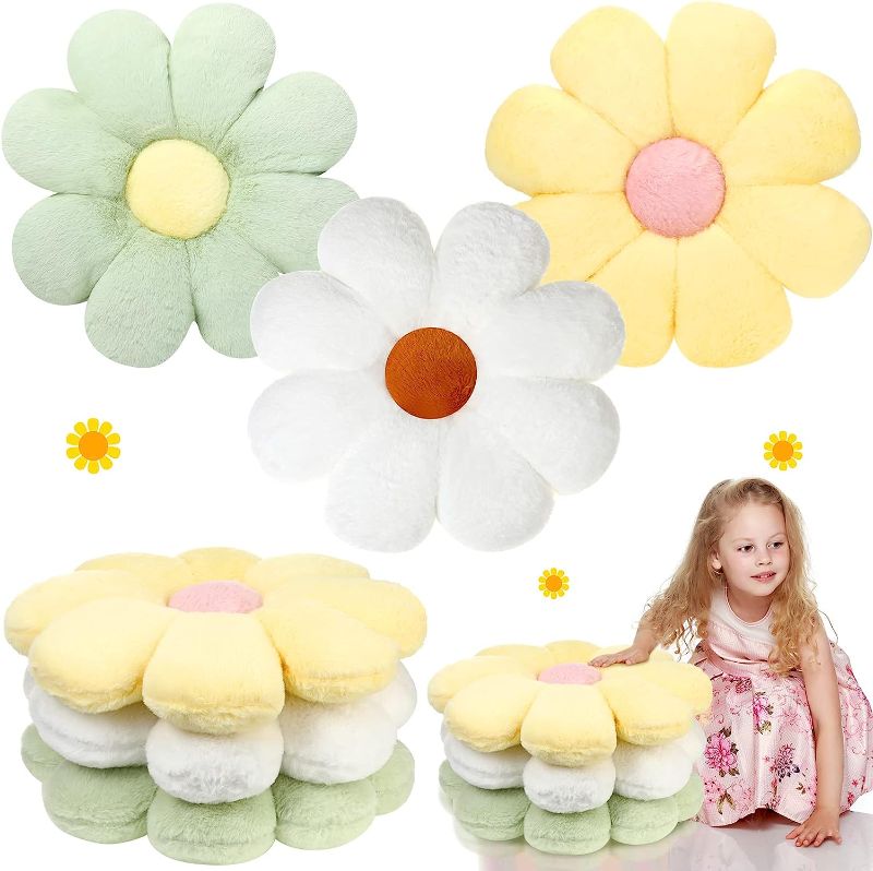 Photo 1 of 3 Pieces 18 Inch Flower Pillow Flower Shaped Throw Pillow Cushion Flower Floor Butt Cushion Cute Seating Cushion for Office Bedroom Sofa Tatami Chair (White, Yellow, Green)
