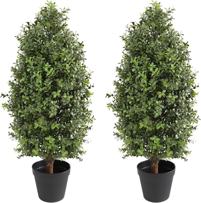 Photo 1 of 30" Tall Artificial Boxwood Topiary Pair, 2 Plants, Outdoor Ready Artificial Boxwood Topiaries Trees, Natural Looking Fake Potted Shrubs
