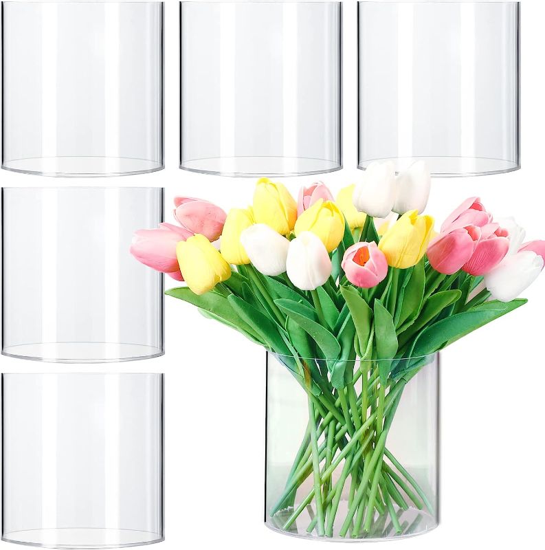 Photo 1 of  6 Pieces Acrylic Flower Vase Decorative Clear Vase Break Resistant Cylinder Vases for Centerpieces Floral Acrylic Vase for Wedding Party Flowers Centerpiece Home Table Decor