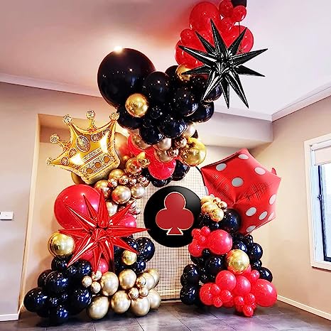 Photo 1 of 136PCS Casino Theme Red Black Gold Balloon Garland Arch Kit with Starburst Balloons, Dice Balloon and Crown Balloon for Casino Royale Birthday Las Vegas Night Party Party Decorations

