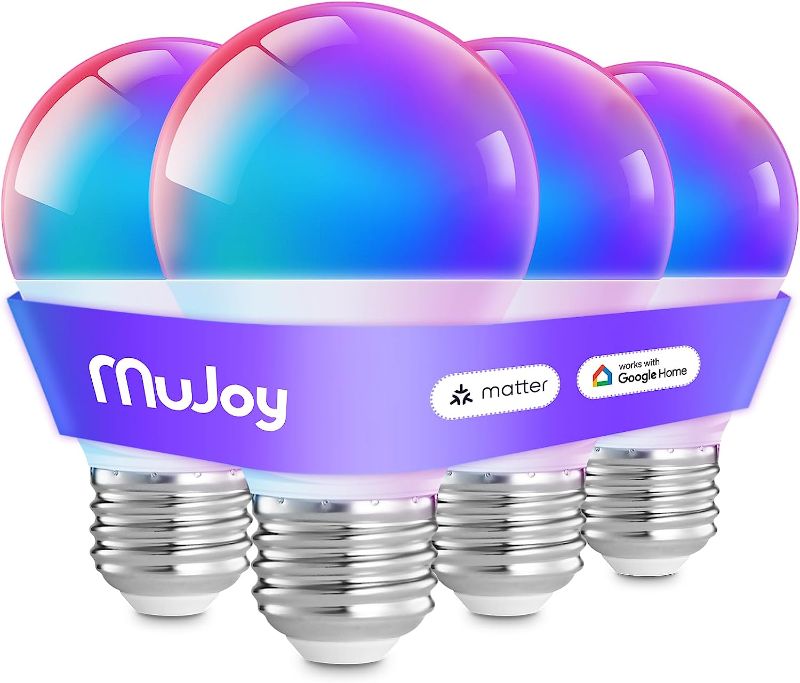 Photo 1 of mujoy Smart Light Bulbs (Matter), Color Changing Light Bulb Work with Google Home/Alexa/Apple Home, A19 E26 Alexa Smart Light Bulb, 800LM CRI>90 RGBWW Music Sync, 60W Equivalent, 4 Pack
