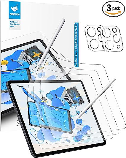 Photo 1 of MOBDIK [3+2PACK] Paperfeel Screen Protector Compatible with iPad Pro 12.9 (2022 & 2021 & 2020, 6th & 5th & 4th Generation) with Camera Lens Protector, Anti-Glare, Matte Film for Writing, Compatible with Apple Pencil - Camera Lens Protector Transparent
