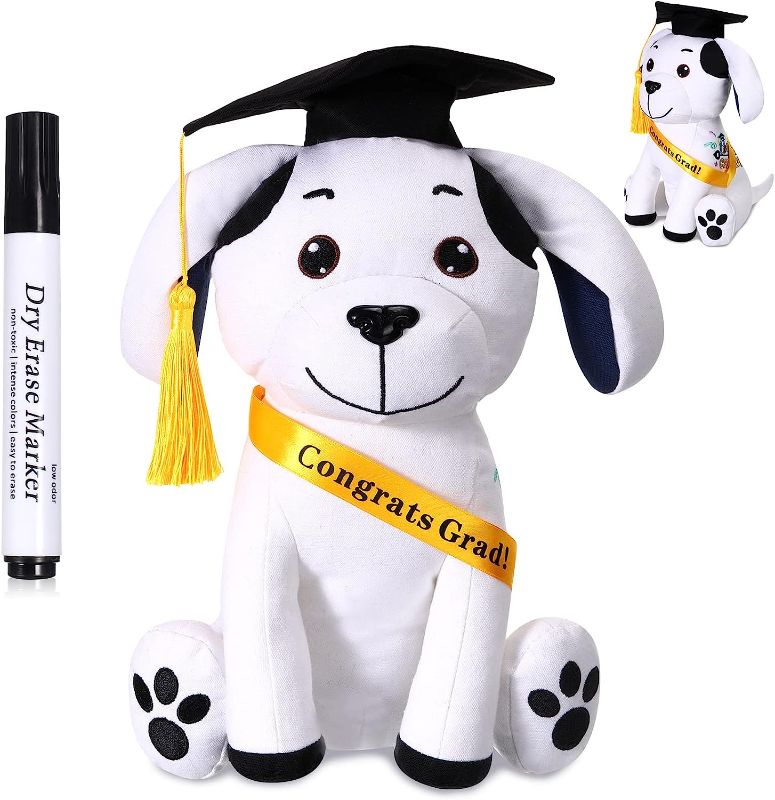 Photo 1 of 12 Inch Graduation Autograph Stuffed Animal 2023 White Smooth Fabric Stuffed Toy with Congrats Grad Plush Autograph Stuffed Animal with Black Marking Pen for Graduate Student Party (Canvas Dog)
