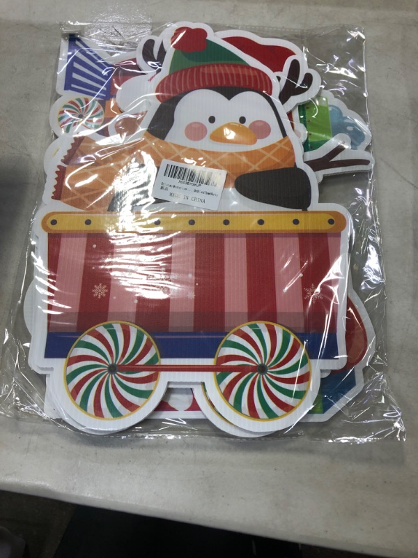 Photo 1 of 4 Pieces Christmas Decorations Outdoor Yard Train Lawn Sign santa snowman penguin reindeer Yard Sign with 8 Yard Stakes for Outdoor Christmas Decorations