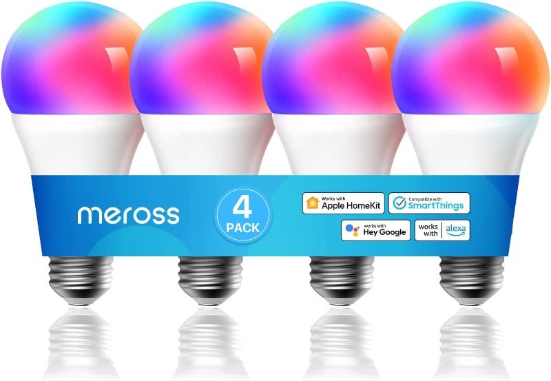 Photo 1 of Smart Light Bulb, meross Smart WiFi LED Bulbs Compatible with Apple HomeKit, Siri, Alexa, Google Assistant and SmartThings, Dimmable E26 Multicolor 2700K-6500K RGBWW, 900 Lumens 60W Equivalent, 4 Pack
