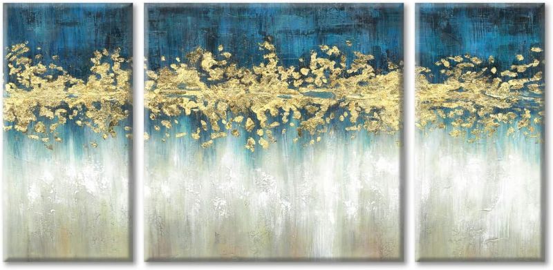 Photo 1 of Abstract Wall Art Canvas Painting: Heavy Textured Hand-Painted Rustic Brushtroke Blue Gold & White Embellishment Picture Artwork for Wall (12”x 24”x 2Panels + 24'' x 24” x 1 Panels)
