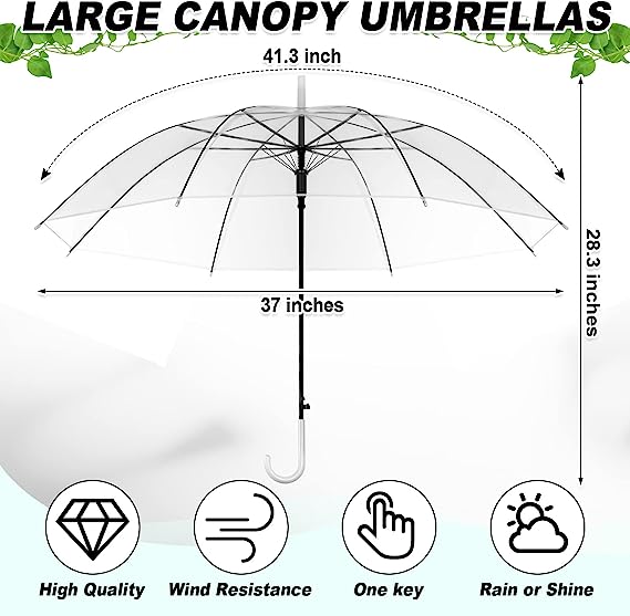 Photo 1 of  Clear Wedding Umbrella Bulk Transparent Auto Open Stick Umbrellas Windproof Waterproof Large Canopy Umbrella with White European J Hook Handle for Wedding Bride Groom Photography Golf Outdoor