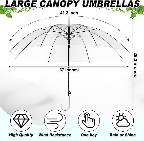 Photo 1 of  Clear Wedding Umbrella Bulk Transparent Auto Open Stick Umbrellas Windproof Waterproof Large Canopy Umbrella with White European J Hook Handle for Wedding Bride Groom Photography Golf Outdoor 2 PACK 