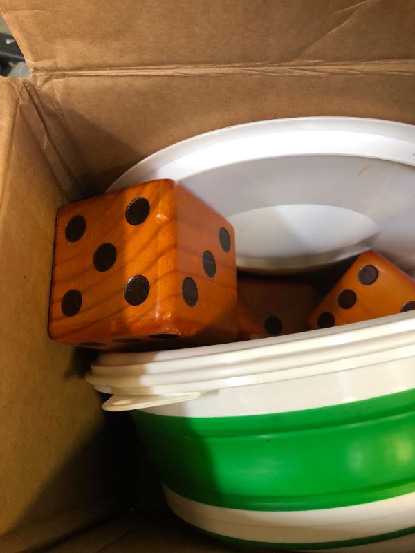 Photo 1 of Ceebyfa Giant Wooden Yard Dice, Yardzee & Yardkle Outdoor Game Set with Bucket, Includes 6 Giant Dice, Collapsible Bucket,2 Scorecards & 2 Markers, Large Lawn Dice Game for Adults and Family.