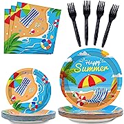 Photo 1 of 96Pcs Beach Party Supplies Tableware Hawaiian Pool Party Plates and Napkins Set Summer Beach Birthday Party Favor Decorations For Kids Serves 24