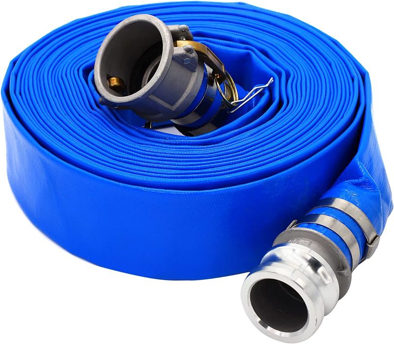 Photo 1 of  Pool Backwash Hose, Heavy Duty Reinforced Blue PVC Lay Flat Water Discharge Pump Hoses For Swimming Drain Pools and Clean Filters, with Aluminum Camlock