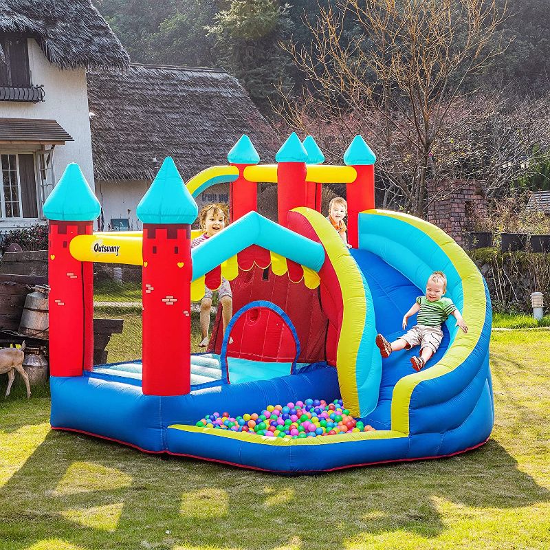 Photo 1 of  4 in 1 Inflatable Bounce House with Slide, Climbing Wall, and Pool or Ball Pit, Jumping Castle, Four Fun Activities, Water Bounce House for Kids