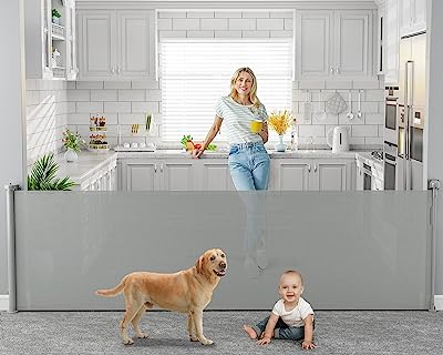 Photo 1 of 118 inch Extra Wide Baby Gate for Large Opening DynaBliss Retractable Baby Gates for Stairs Doorway Extra Long Dog Gate for Outdoor Adjustable Large Pet Gates for Dogs Indoor Mesh Child Gate (Grey)
