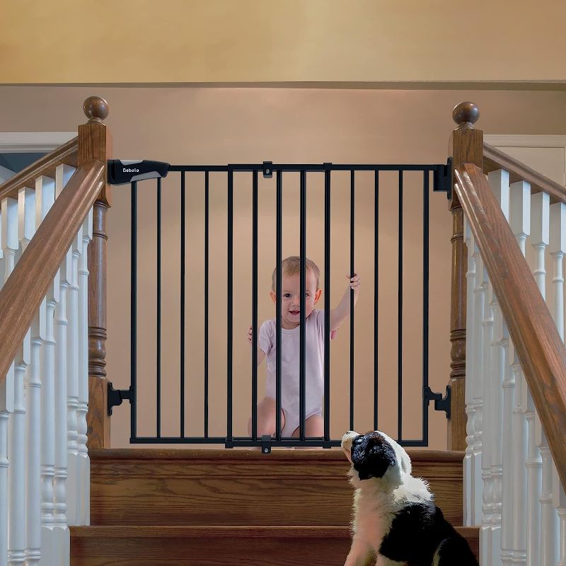 Photo 1 of Babelio Auto Close Baby/Dog Gate for Stairs, 2-in-1 Easy Swing Doorway and Hallway Pet Gate, with Extra-Wide Walk Thru Door and Threshold-Free Design, Iron Black
