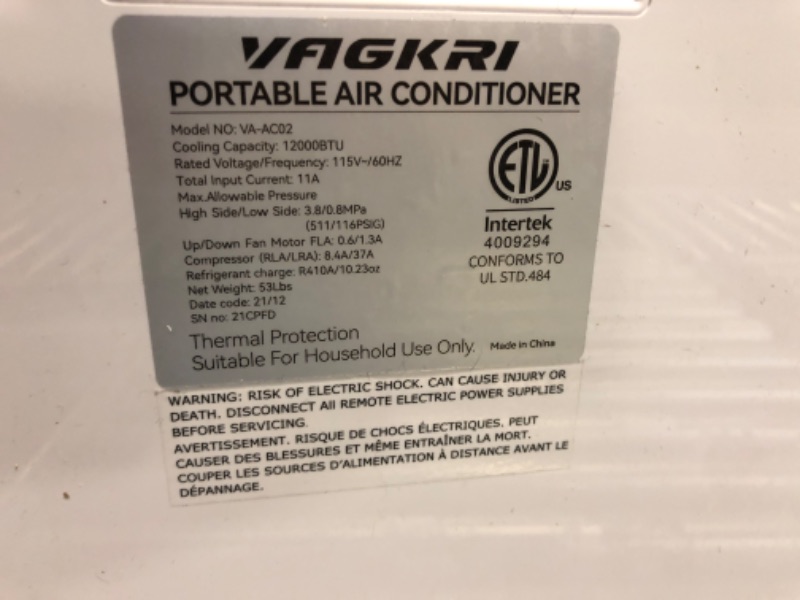 Photo 1 of VAGKRI Portable Air Conditioners 12000 BTU ASHRAE (8150 BTU DOE/SACC), 3-in-1 AC Unit with Fan & Dehumidifier Cools up to 500 sq. ft, Portable AC with Smart/Sleep Mode, 3 Fan Speeds, Auto Swing, 24H Timer, Remote Control

