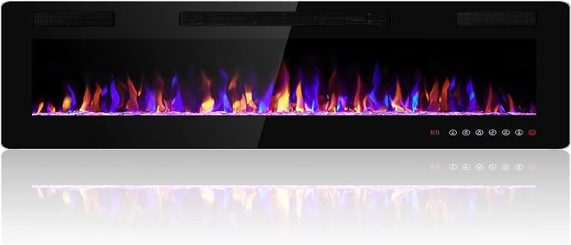 Photo 1 of 68 inches Electric Fireplace Recessed and Wall Mounted Heater and Linear Fireplace, with Timer, Remote Control, Adjustable Flame Color, 750w/1500w, Black
