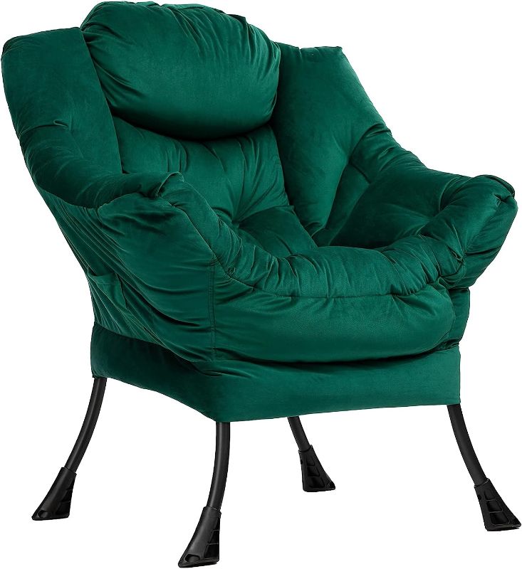 Photo 1 of AcozyHom Modern Cotton Fabric Lazy Chair, Accent Contemporary Lounge Chair, Single Steel Frame Leisure Sofa Chair with Armrests and A Side Pocket, Thick Padded Back, Velvet Green