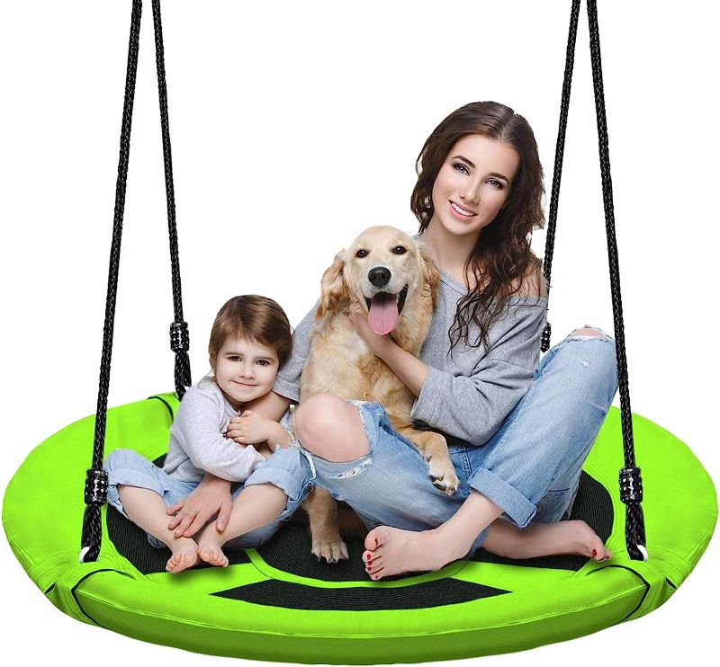 Photo 1 of 40 Inch Green Saucer Tree Swing Set for Kids Adults 500lb Weight Capacity Waterproof Flying Swing Seat Textilene Fabric with Adjustable Hanging Ropes for Outdoor Playground, Backyard