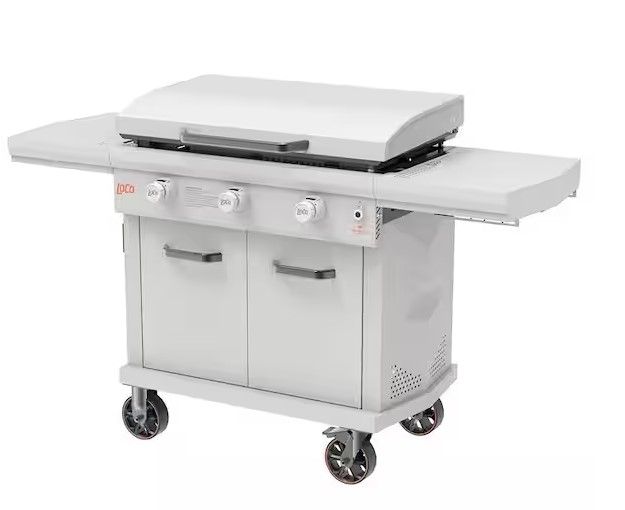 Photo 1 of 36 in. Series II 3-Burner *PACKAGE DMG; WATER PREV ON BOX* Propane Flat Top Grill / Griddle in Chalk Finish with Enclosed Cart and Hood
