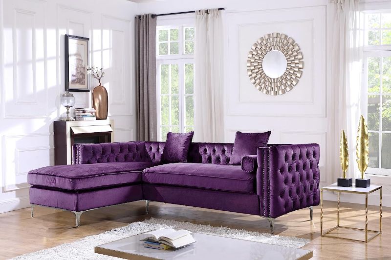 Photo 1 of *RIGHT HAND SIDE ONLY, MISSING OTHER BOX FOR COMPLETE SET* Iconic Home Da Vinci Velvet Modern Contemporary Button Tufted with Silver Nailhead Trim Silvertone Metal Y-Leg Right Facing Sectional Sofa, Purple
