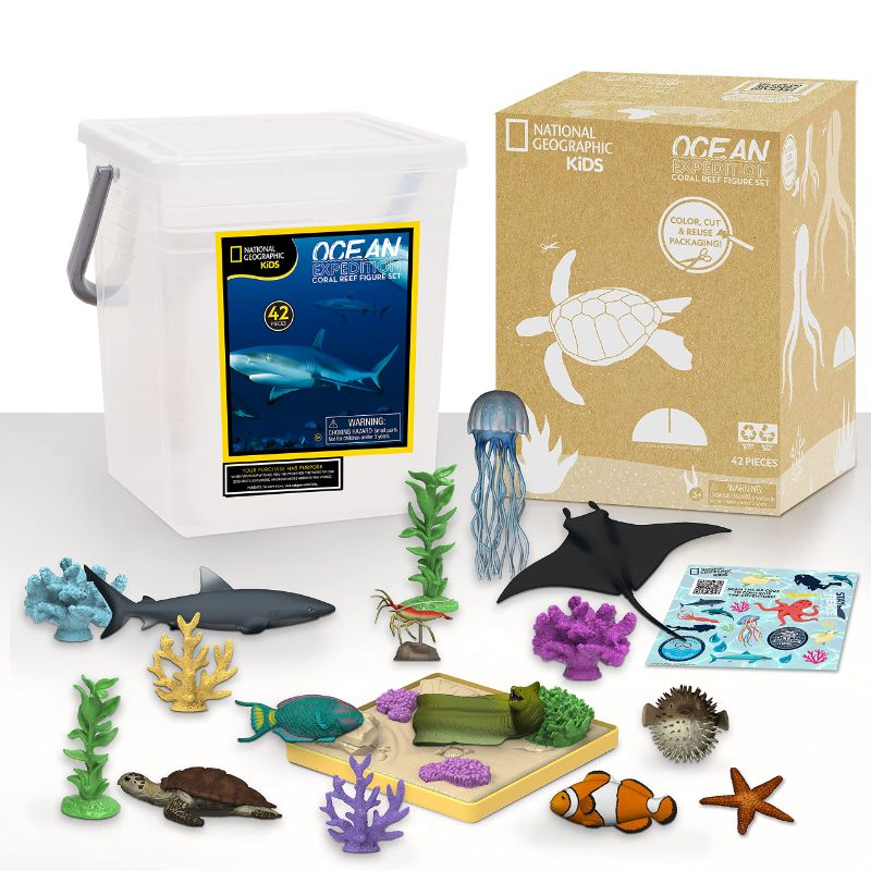 Photo 2 of Just Play National Geographic Kids Tub of *FACTORY SEALED*  Realistic Sea Animal Toy Figures for Kids, QR Code to Shark, Turtle, Jellyfish Facts, Recycled Material Packaging, Storage Container, Amazon Exclusive Ocean Set
