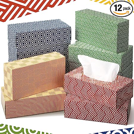 Photo 1 of 12 Pack Facial Tissues 2 Ply Flat Tissue Box Soft Facial Tissues Boxes Bulk for Home Bathroom Living Room Kitchen Office Car School, 130 Sheets Per Box, 1560 Sheets (Colorful Geometric Pattern)