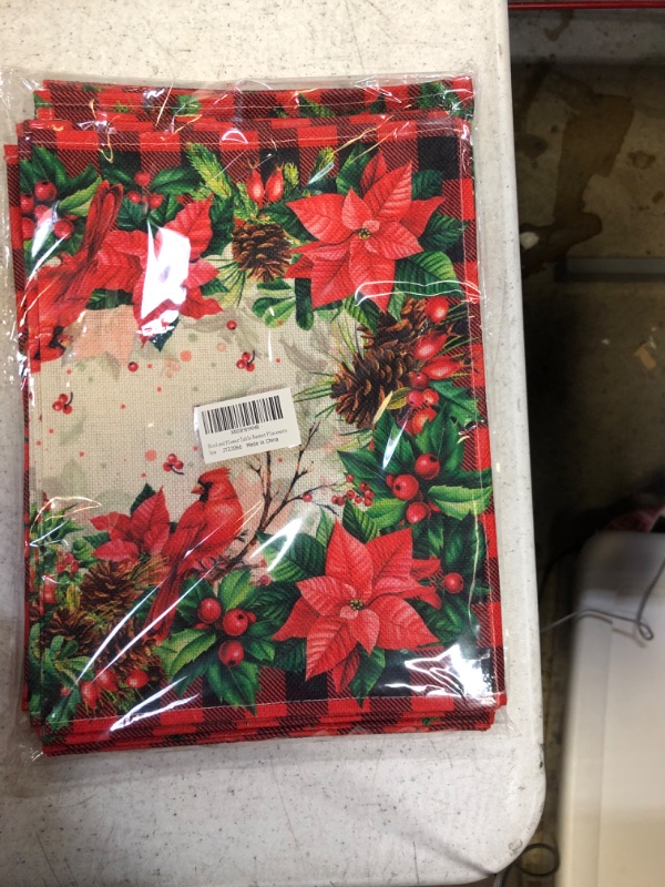 Photo 2 of 7 Pieces Christmas Cardinal Bird Table Runners Placemats Red Black Buffalo Plaid Cardinal Birds Poinsettia Table Runner Xmas Holly and Berry Table Mat Set for Winter Holiday New Year Party Supplies Floral