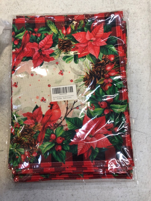 Photo 2 of 7 Pieces Christmas Cardinal Bird Table Runners Placemats Red Black Buffalo Plaid Cardinal Birds Poinsettia Table Runner Xmas Holly and Berry Table Mat Set for Winter Holiday New Year Party Supplies Floral